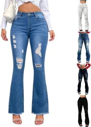 Flare Jeans for Women Elastic High Waisted Ripped Jeans Slim Fit Butt Lifting Bell Bottom Denim Jeans with Pockets