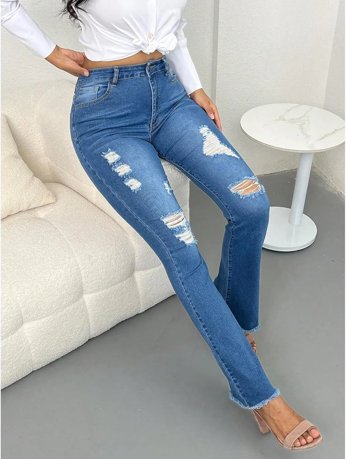 Flare Jeans for Women Elastic High Waisted Ripped Jeans Slim Fit Butt Lifting Bell Bottom Denim Jeans with Pockets