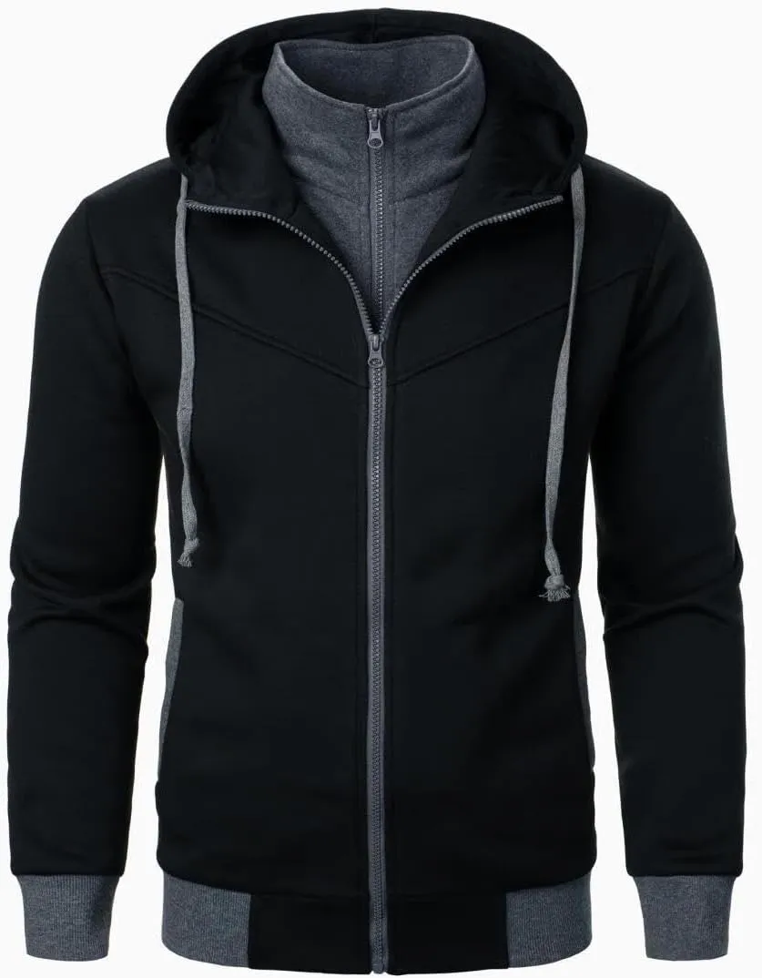 FMCHICO Men's Hooded Jacket Slim Fit Double Zipper Turtleneck Fleece Hoodie Outerwear