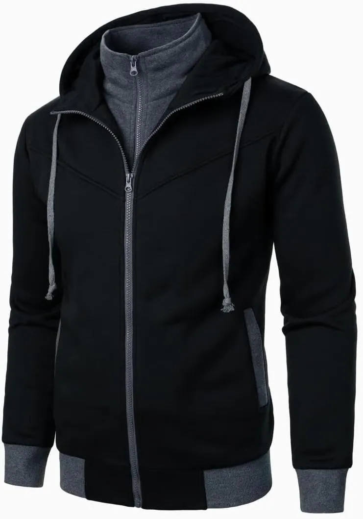 FMCHICO Men's Hooded Jacket Slim Fit Double Zipper Turtleneck Fleece Hoodie Outerwear
