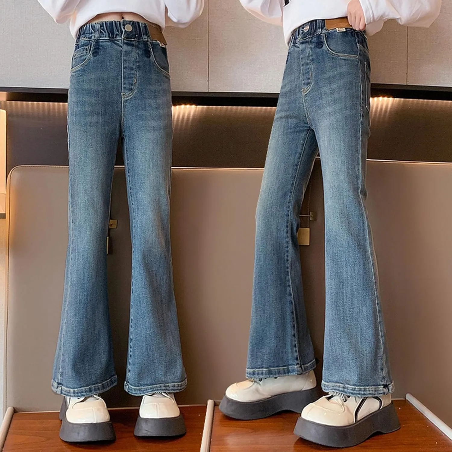 Girls' Flare Stretch Denim Jeans Cute Pants for Teen Girls High Waisted Multi Pocket Cargo Jeans Baggy Jeans