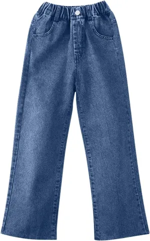 Girls Jeans Elastic Waist Straight Leg Pants Casual Denim Trousers Pants Trendy Fashion Kids Jeans Girls Baggy Jeans