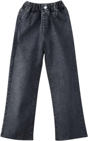 Girls Jeans Elastic Waist Straight Leg Pants Casual Denim Trousers Pants Trendy Fashion Kids Jeans Girls Baggy Jeans