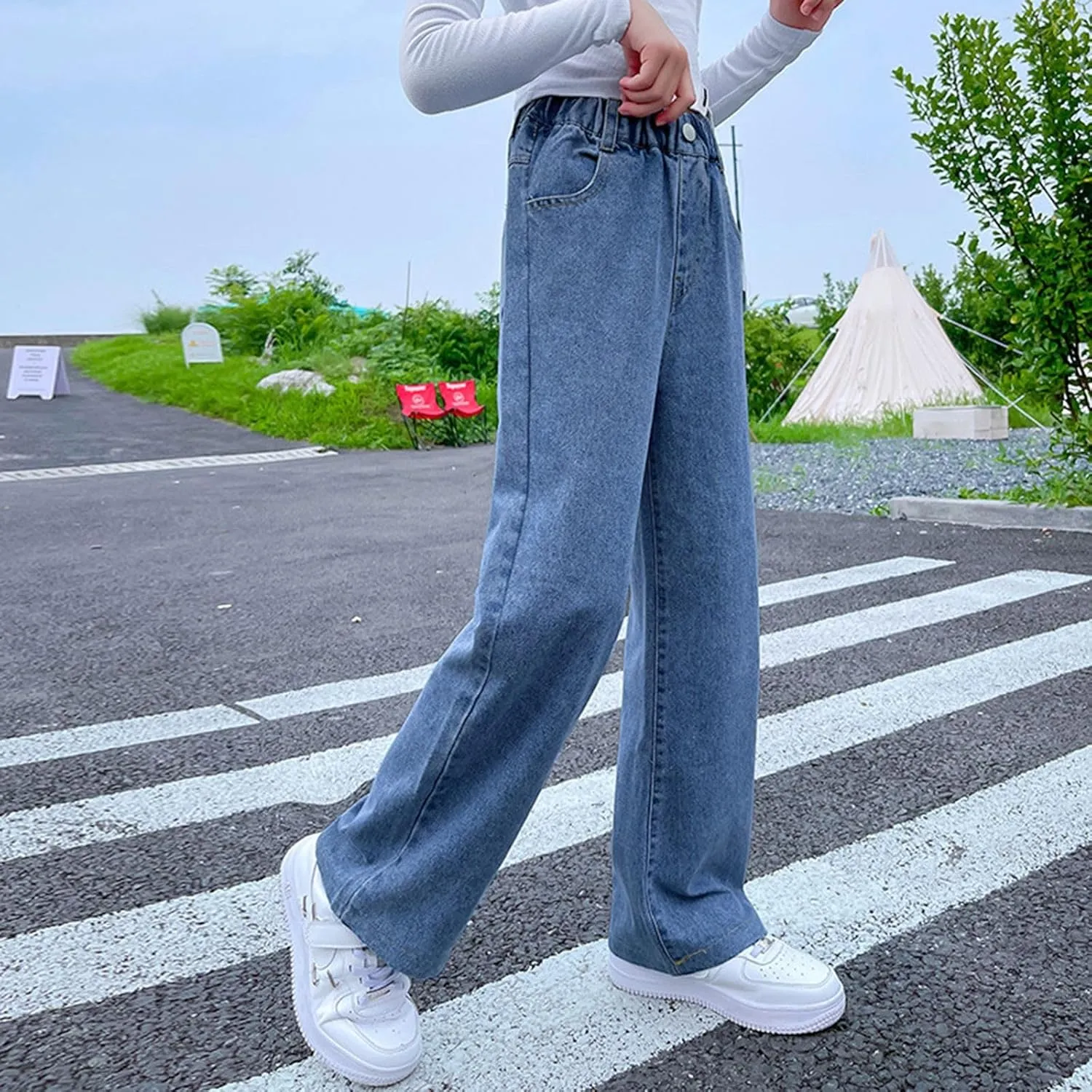 Girls Jeans Elastic Waist Straight Leg Pants Casual Denim Trousers Pants Trendy Fashion Kids Jeans Girls Baggy Jeans