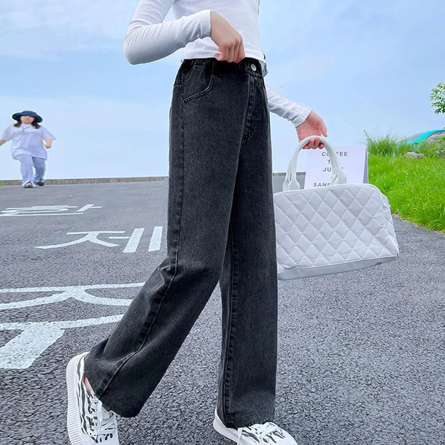 Girls Jeans Elastic Waist Straight Leg Pants Casual Denim Trousers Pants Trendy Fashion Kids Jeans Girls Baggy Jeans