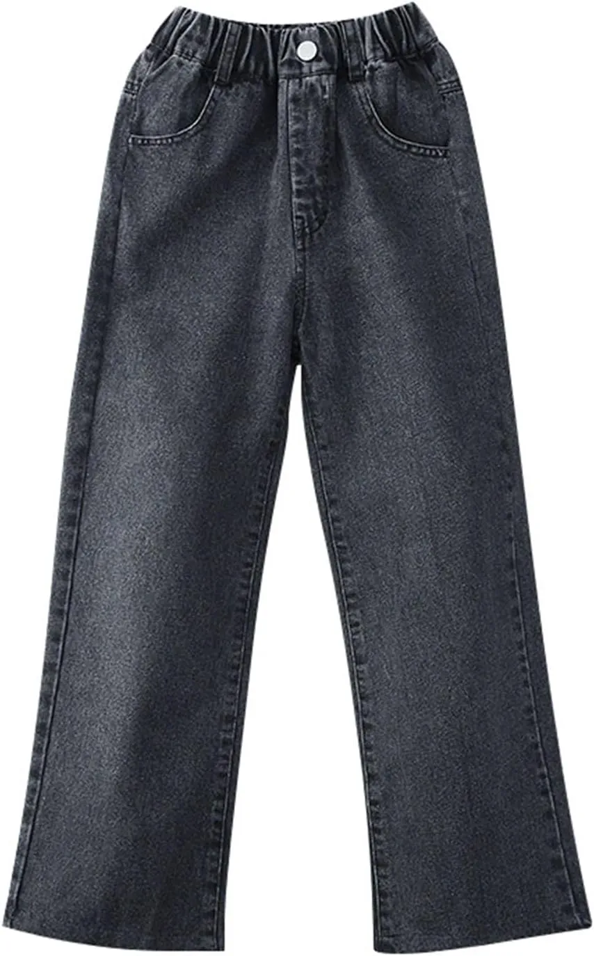 Girls Jeans Elastic Waist Straight Leg Pants Casual Denim Trousers Pants Trendy Fashion Kids Jeans Girls Baggy Jeans