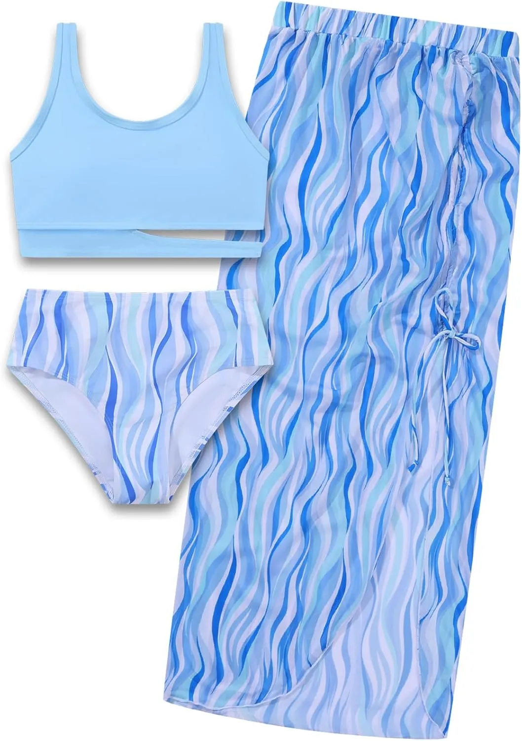 Girls Swimsuits 3 Piece Tankini Bathing Suit Set Sport Style Bikini Swimwear with Long Skirt for 9-16 Years