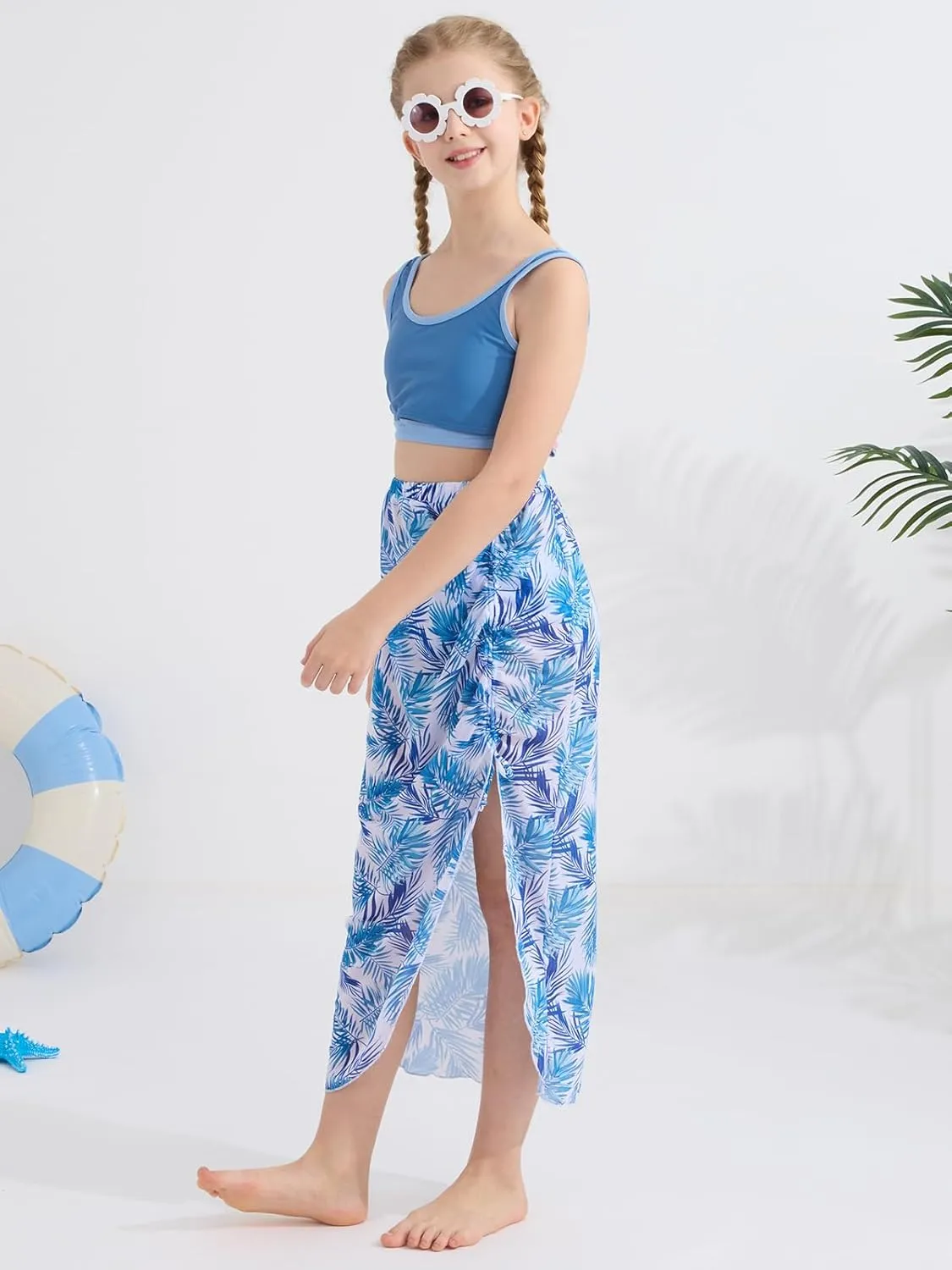Girls Swimsuits 3 Piece Tankini Bathing Suit Set Sport Style Bikini Swimwear with Long Skirt for 9-16 Years