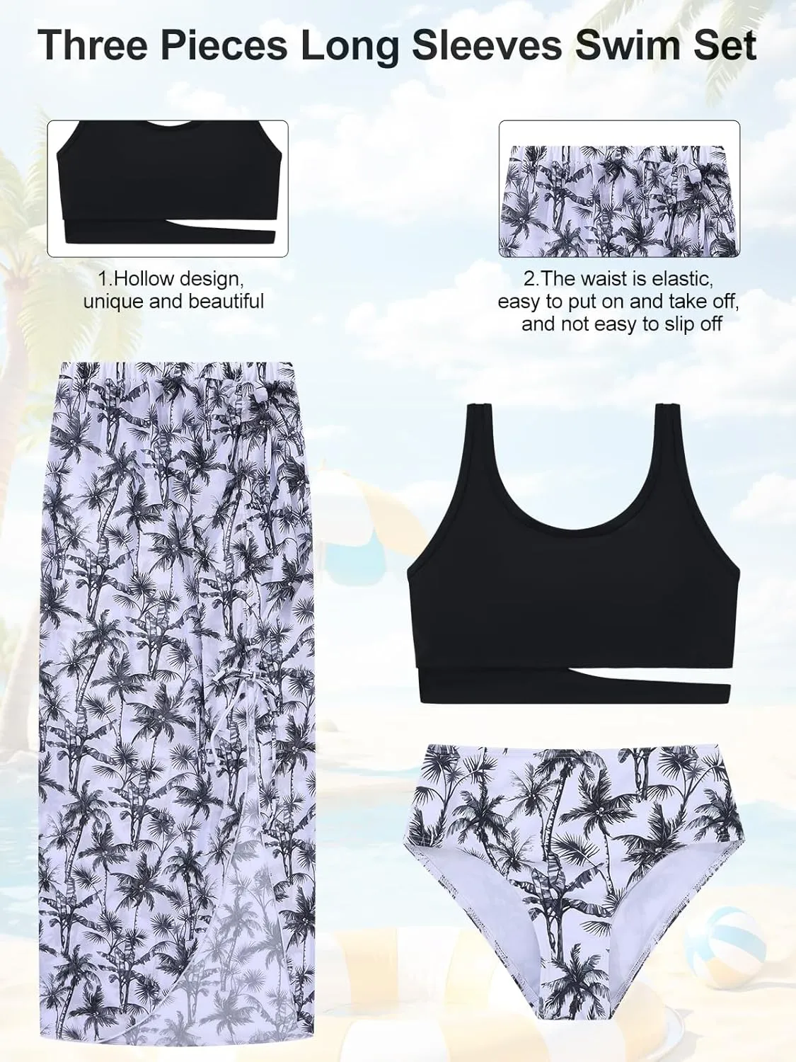 Girls Swimsuits 3 Piece Tankini Bathing Suit Set Sport Style Bikini Swimwear with Long Skirt for 9-16 Years