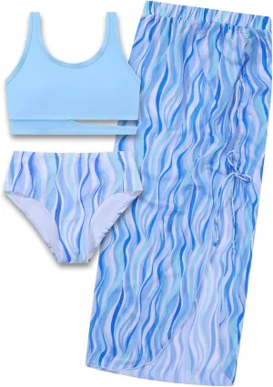 Girls Swimsuits 3 Piece Tankini Bathing Suit Set Sport Style Bikini Swimwear with Long Skirt for 9-16 Years