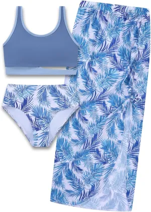 Girls Swimsuits 3 Piece Tankini Bathing Suit Set Sport Style Bikini Swimwear with Long Skirt for 9-16 Years