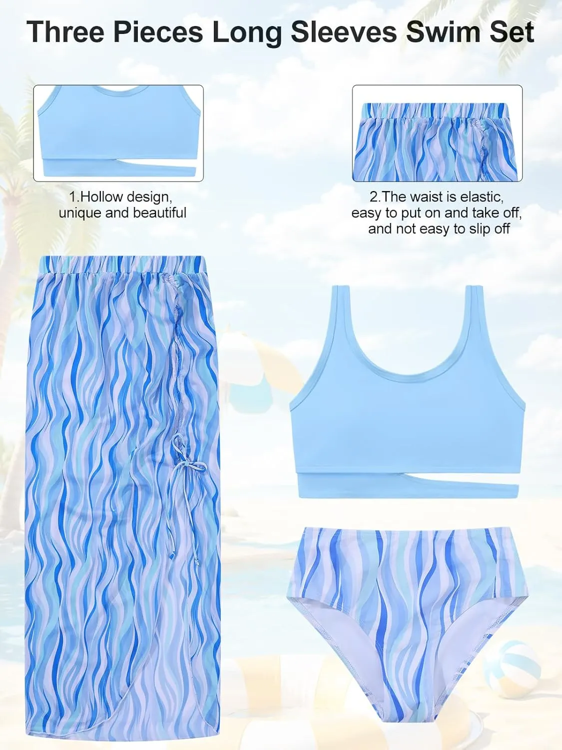Girls Swimsuits 3 Piece Tankini Bathing Suit Set Sport Style Bikini Swimwear with Long Skirt for 9-16 Years