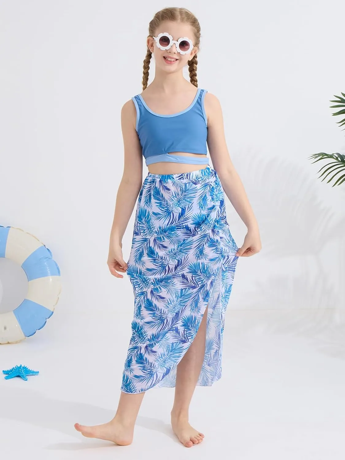 Girls Swimsuits 3 Piece Tankini Bathing Suit Set Sport Style Bikini Swimwear with Long Skirt for 9-16 Years