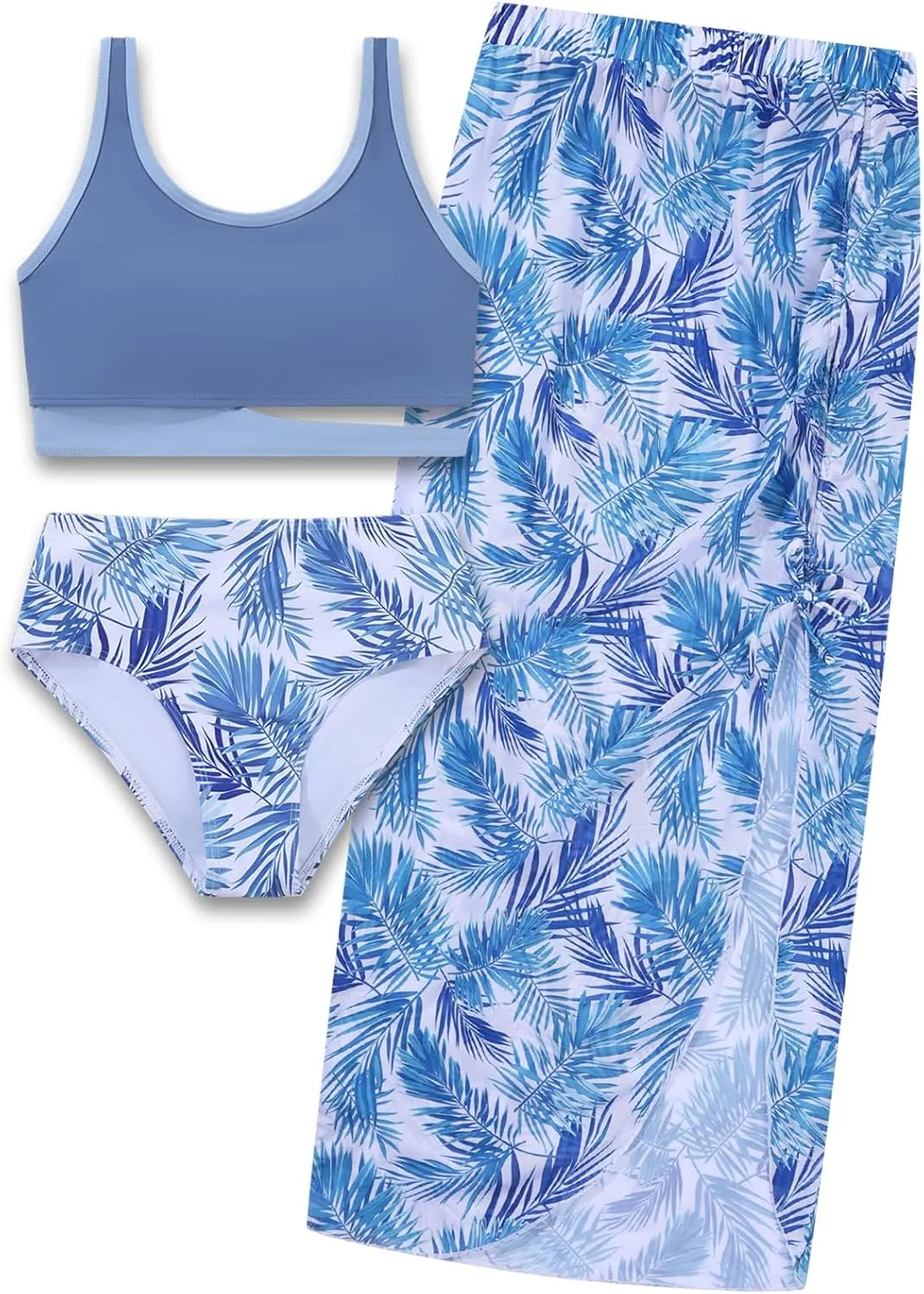 Girls Swimsuits 3 Piece Tankini Bathing Suit Set Sport Style Bikini Swimwear with Long Skirt for 9-16 Years