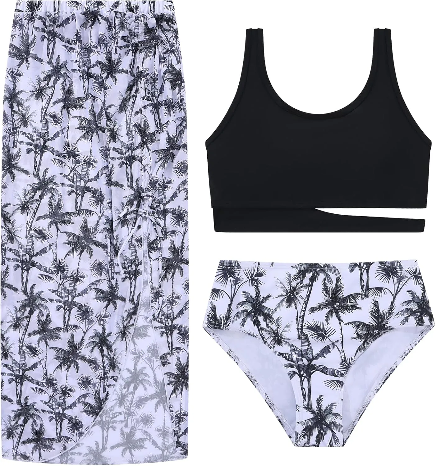 Girls Swimsuits 3 Piece Tankini Bathing Suit Set Sport Style Bikini Swimwear with Long Skirt for 9-16 Years