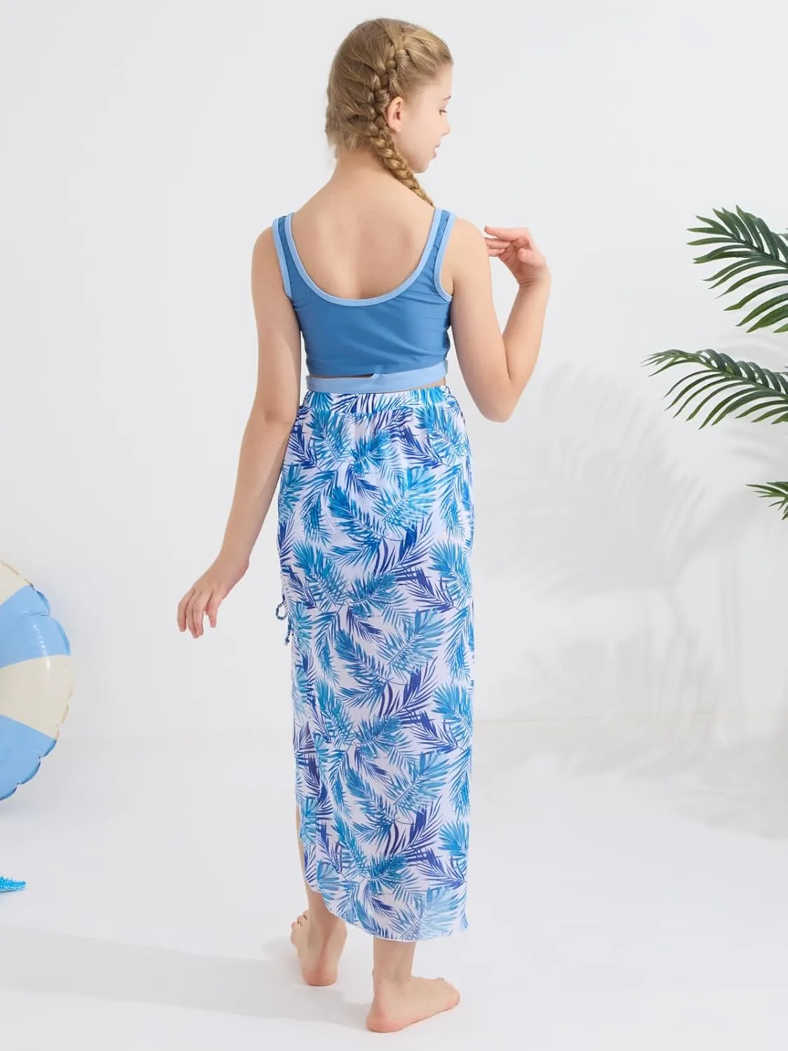 Girls Swimsuits 3 Piece Tankini Bathing Suit Set Sport Style Bikini Swimwear with Long Skirt for 9-16 Years
