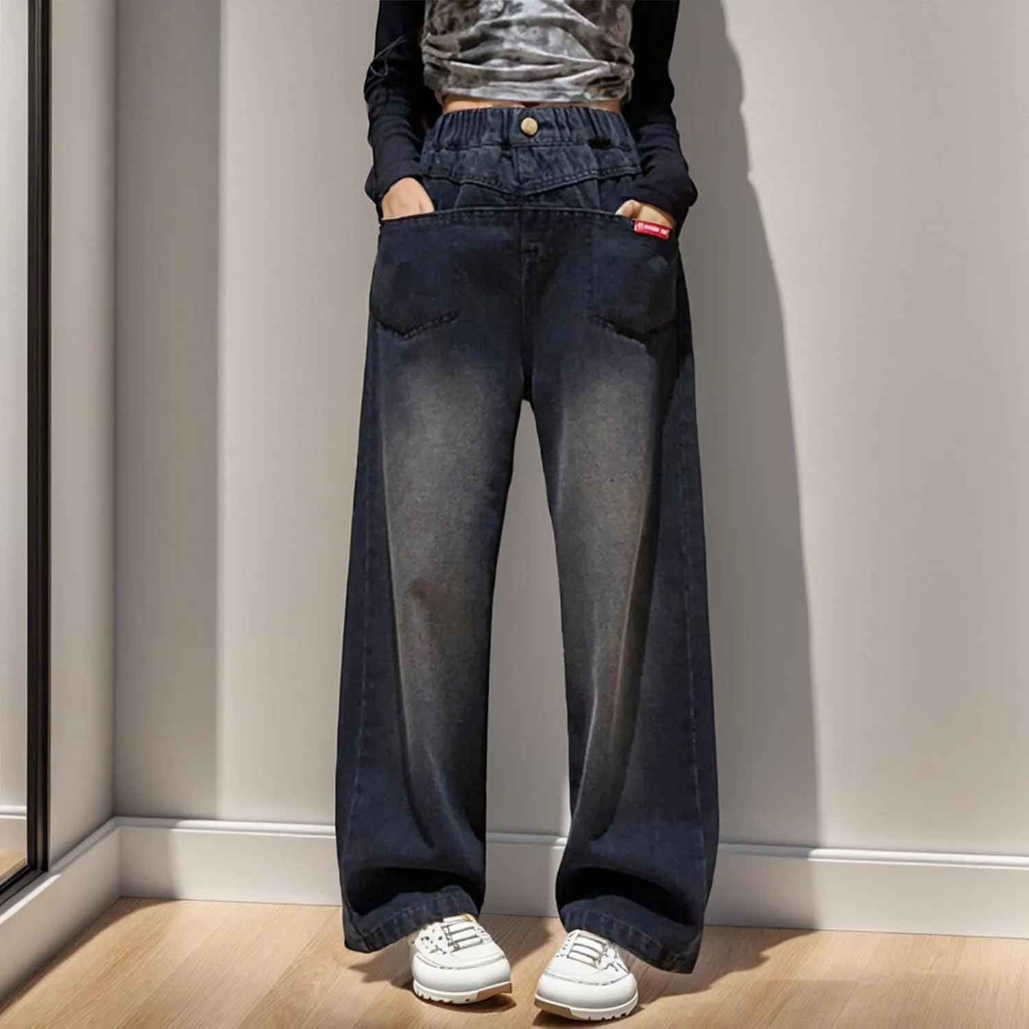 Girls Wide Leg Jeans Denim Jeans Wide Leg Baggy Jeans Stretch Training Fall Modern Athletic Relaxed Fit Lightweight