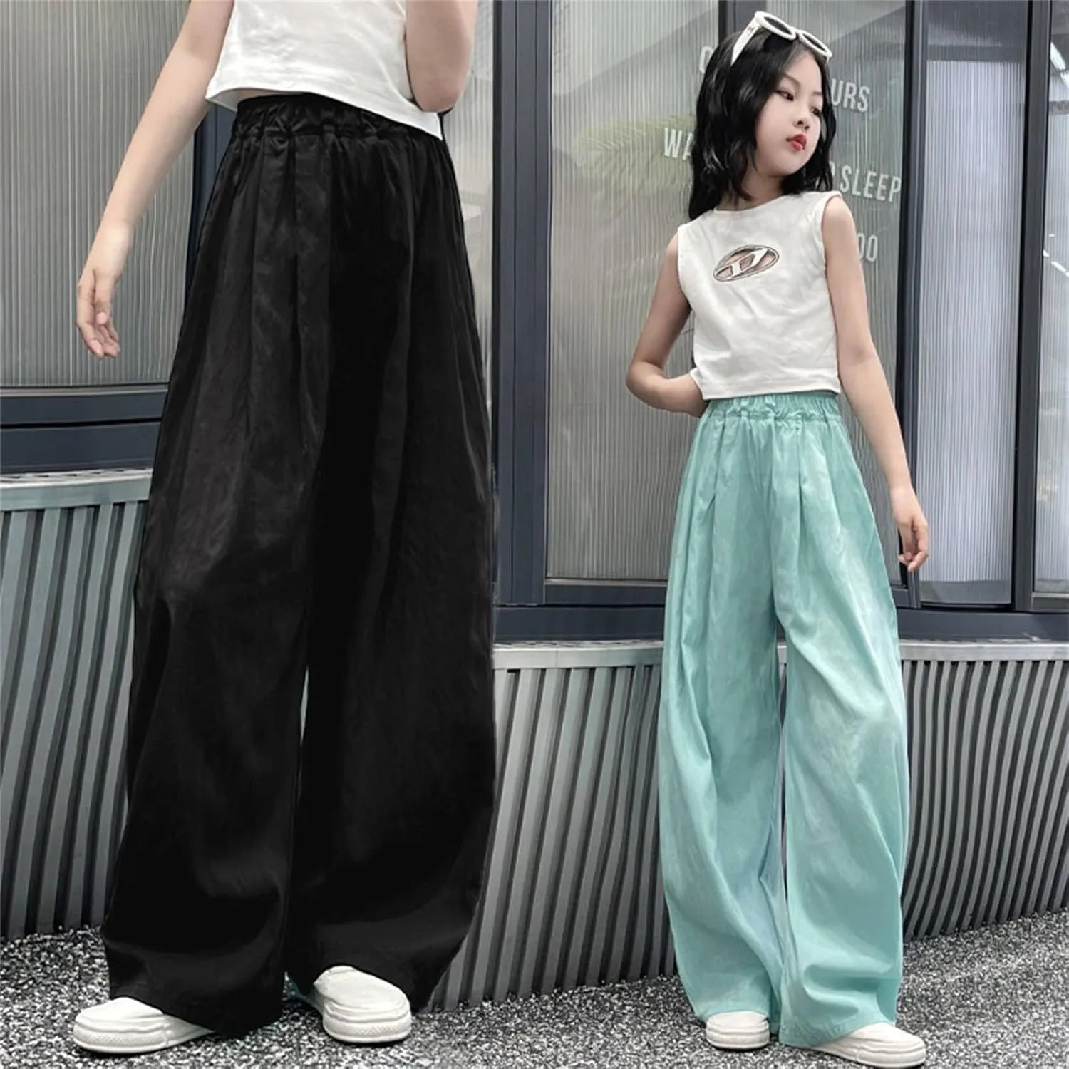 Girls Wide Leg Pants High Waisted Loose Straight Leg Trousers Kids Casual Palazzo Pants Relax Fit Baggy Pants Clothes