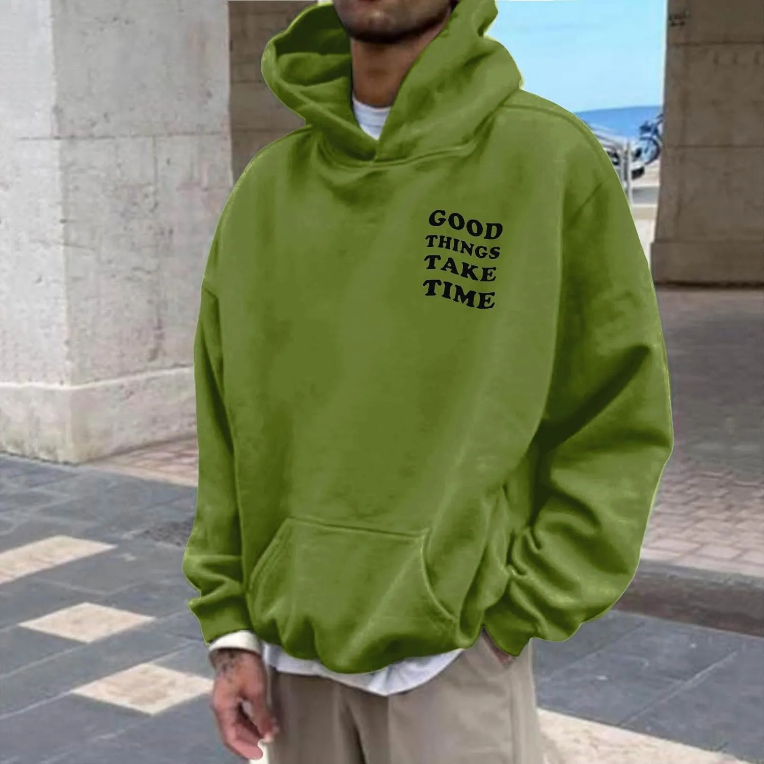 GOFULY Mens Sweatshirts Fall Good Things Take Time & Rose Shape Print Hoodies Long Sleeve Pullover Winter Shirts Big And Tall