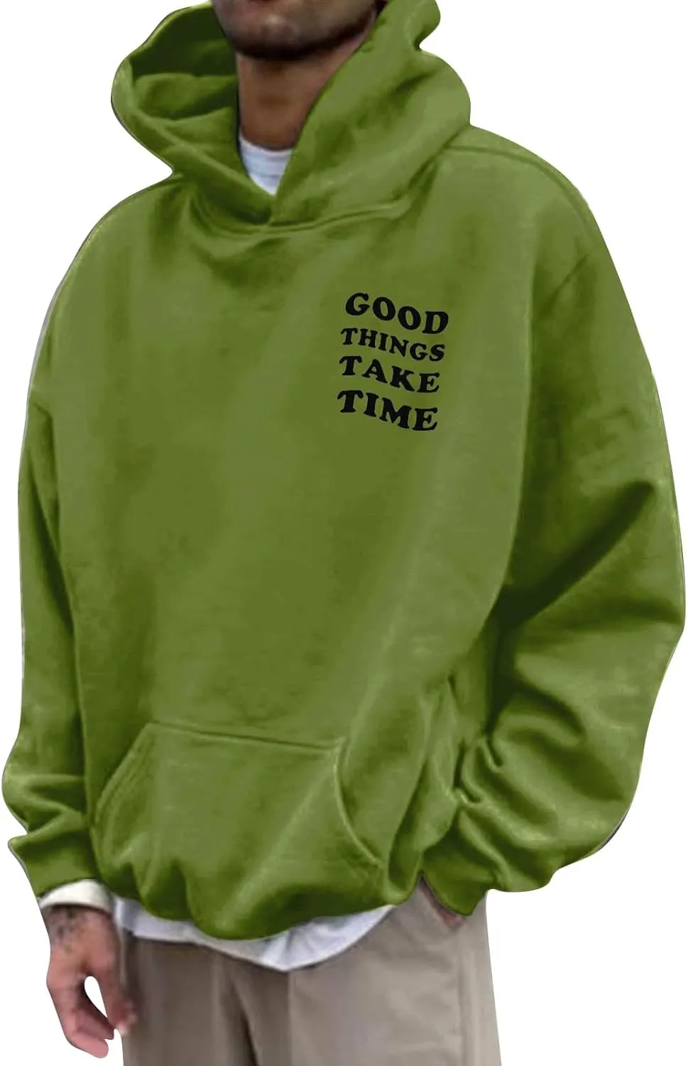 GOFULY Mens Sweatshirts Fall Good Things Take Time & Rose Shape Print Hoodies Long Sleeve Pullover Winter Shirts Big And Tall