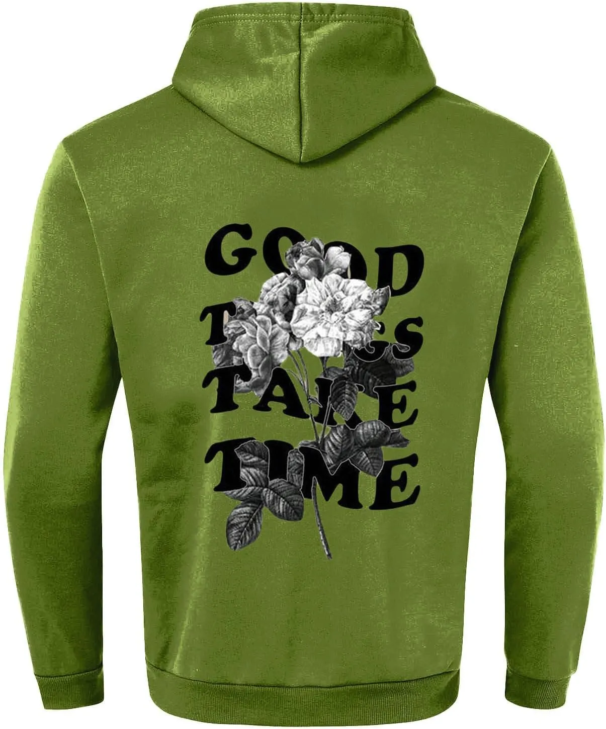 GOFULY Mens Sweatshirts Fall Good Things Take Time & Rose Shape Print Hoodies Long Sleeve Pullover Winter Shirts Big And Tall