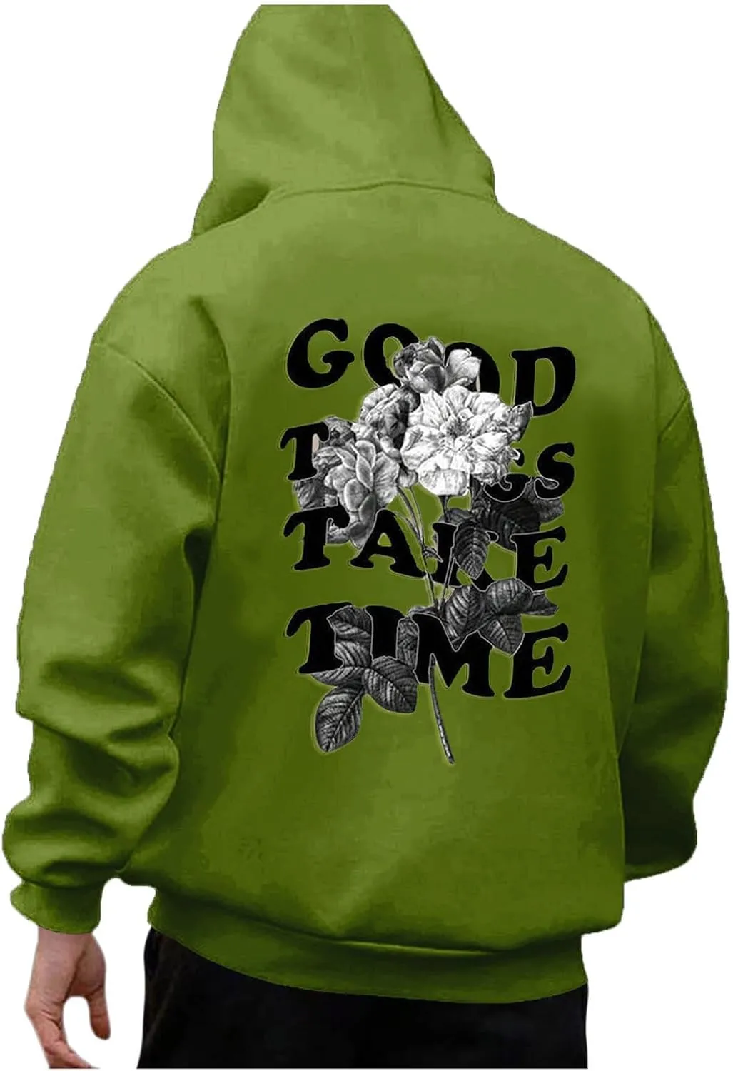GOFULY Mens Sweatshirts Fall Good Things Take Time & Rose Shape Print Hoodies Long Sleeve Pullover Winter Shirts Big And Tall