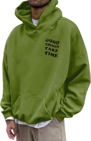 GOFULY Mens Sweatshirts Fall Good Things Take Time & Rose Shape Print Hoodies Long Sleeve Pullover Winter Shirts Big And Tall