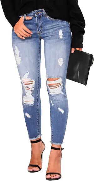 Gumipy Ripped Jeans Womens High Waisted Stretchy Skinny Jeans Trendy Tummy Control Jeggings Butt Lifting Distressed Jeans
