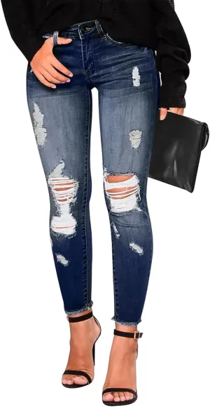 Gumipy Ripped Jeans Womens High Waisted Stretchy Skinny Jeans Trendy Tummy Control Jeggings Butt Lifting Distressed Jeans