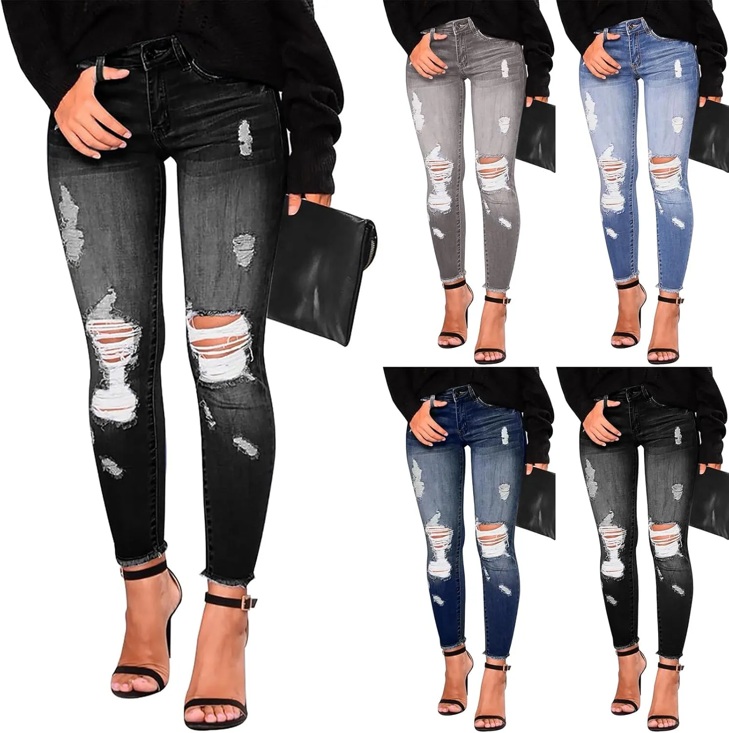Gumipy Skinny Jeans for Women High Waisted Ripped Jeans Stretchy Tummy Control Jeggings Butt Lifting Distressed Jeans
