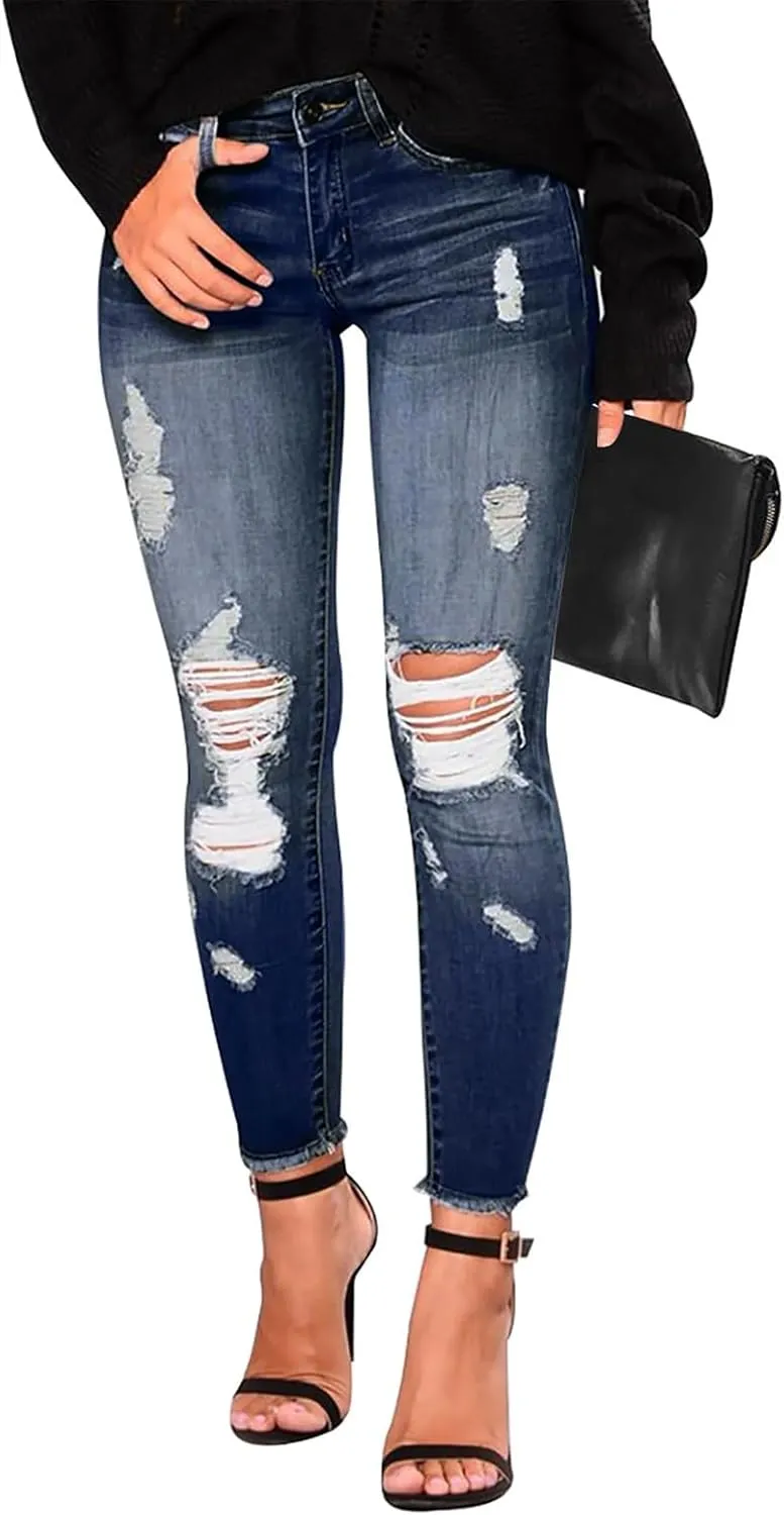 Gumipy Skinny Jeans for Women High Waisted Ripped Jeans Stretchy Tummy Control Jeggings Butt Lifting Distressed Jeans