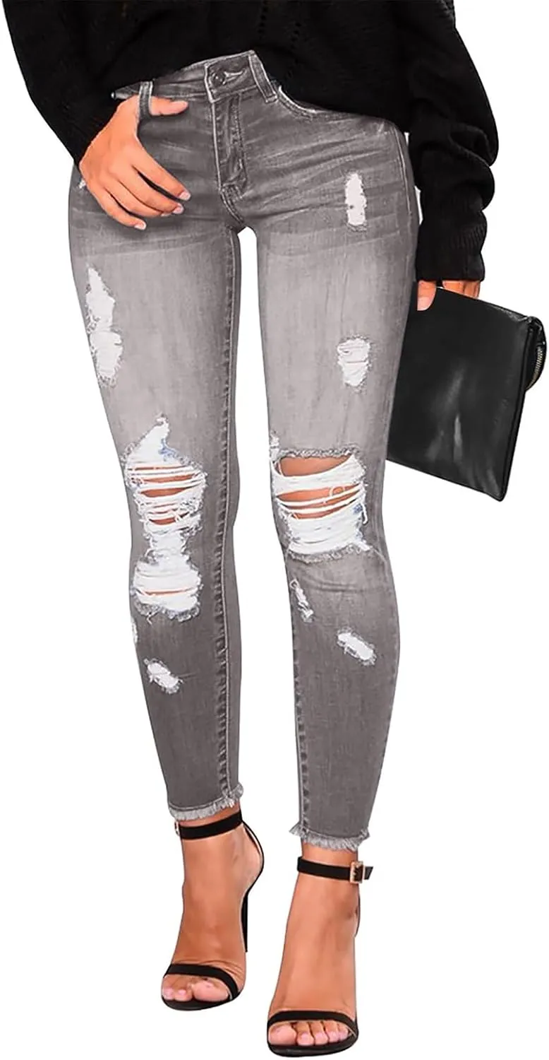 Gumipy Skinny Jeans for Women High Waisted Ripped Jeans Stretchy Tummy Control Jeggings Butt Lifting Distressed Jeans
