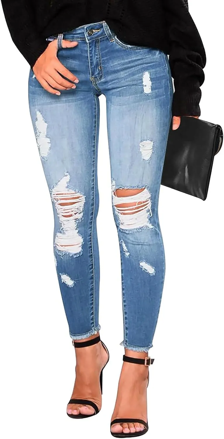 Gumipy Womens Skinny Jeans High Waisted Stretchy Ripped Jeans Trendy Tummy Control Jeggings Butt Lifting Distressed Jeans