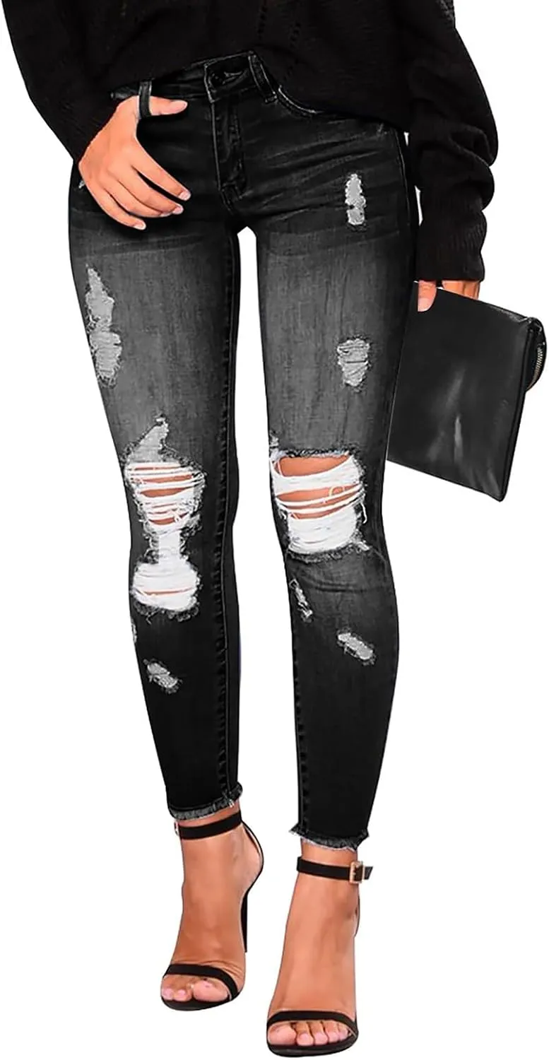 Gumipy Womens Skinny Jeans High Waisted Stretchy Ripped Jeans Trendy Tummy Control Jeggings Butt Lifting Distressed Jeans