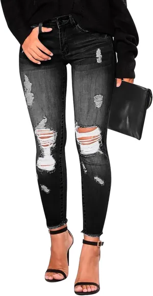 Gumipy Womens Skinny Jeans High Waisted Stretchy Ripped Jeans Trendy Tummy Control Jeggings Butt Lifting Distressed Jeans