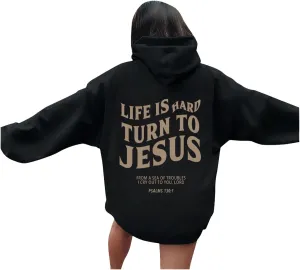 Hoodies For Teen Girls Life Is Hard Turn To Jesus Letter Print Long Sleeve Pullover Tops With Kangaroo Pocket Fall Trendy