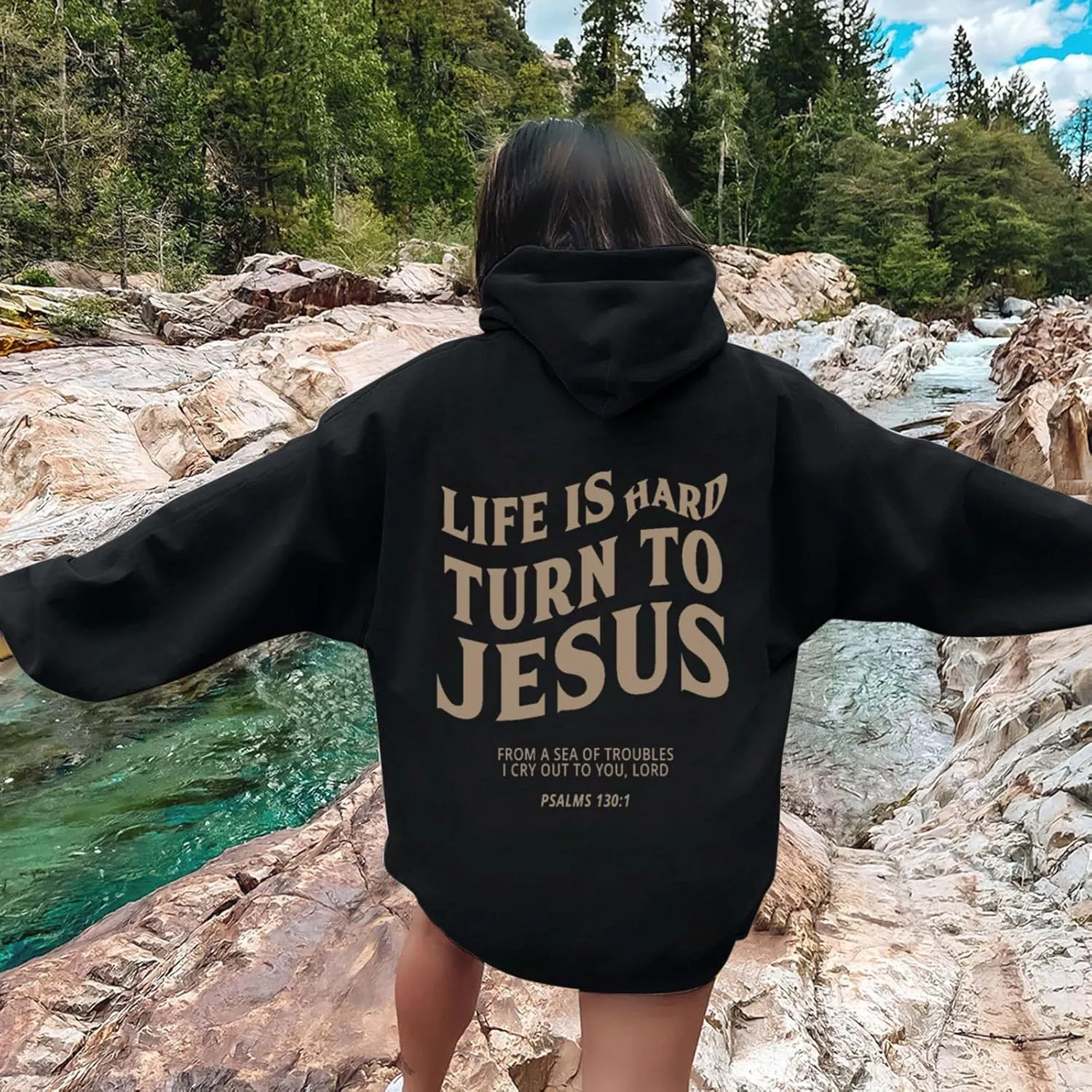 Hoodies For Teen Girls Life Is Hard Turn To Jesus Letter Print Long Sleeve Pullover Tops With Kangaroo Pocket Fall Trendy