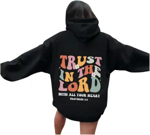 Hoodies For Women Graphic Trust In The Lord Christian Shape Print Winter Outfit With Pocket Drawstring Soft Casual Pullover