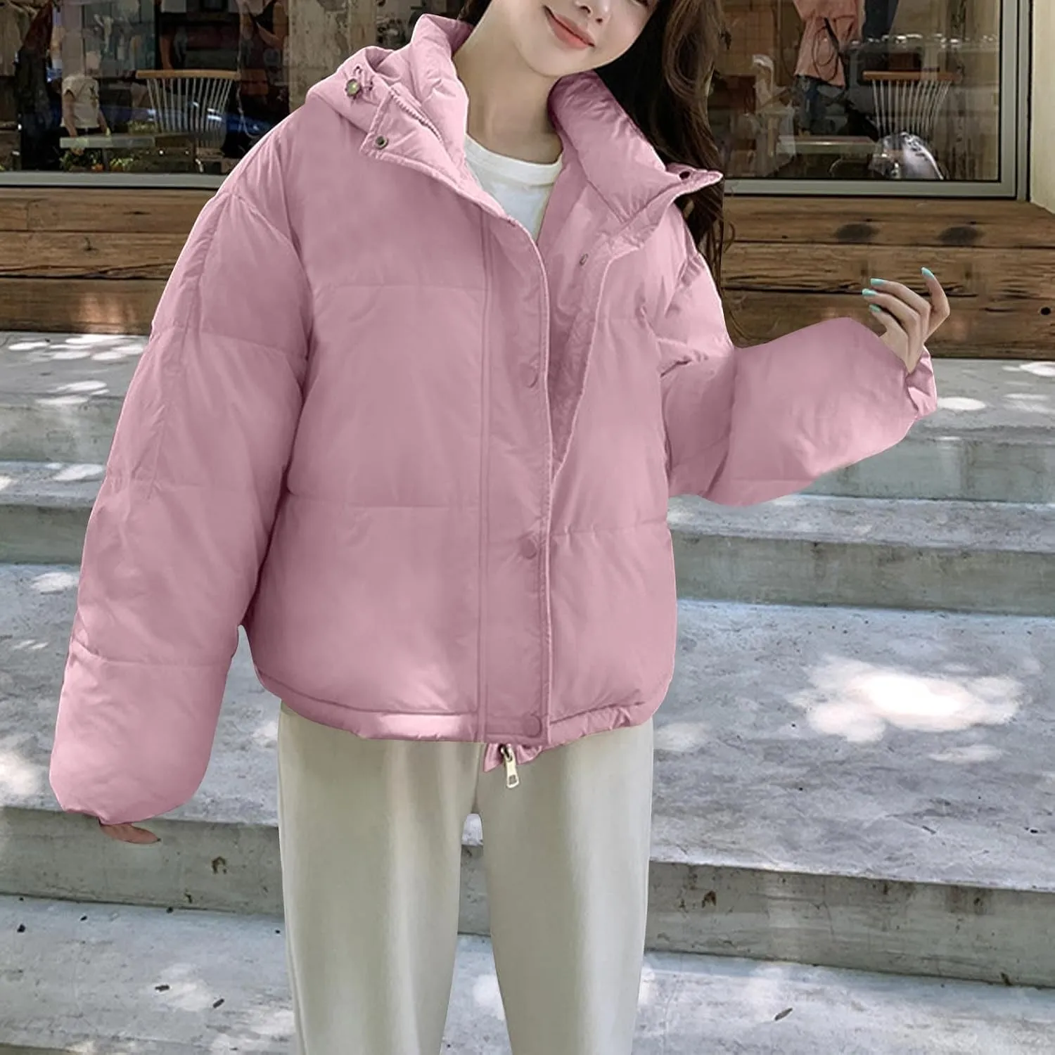 Jackets for Women Fashion Loose Hooded Puffer Jackets Winter Windproof Warm down Jackets Lightweight Quilted Coats