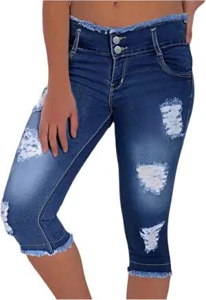 Jean Capris for Women Stretchy Ripped Skinny Jeans Trendy High Waisted Cropped Jeans Distressed Denim Capri Pants