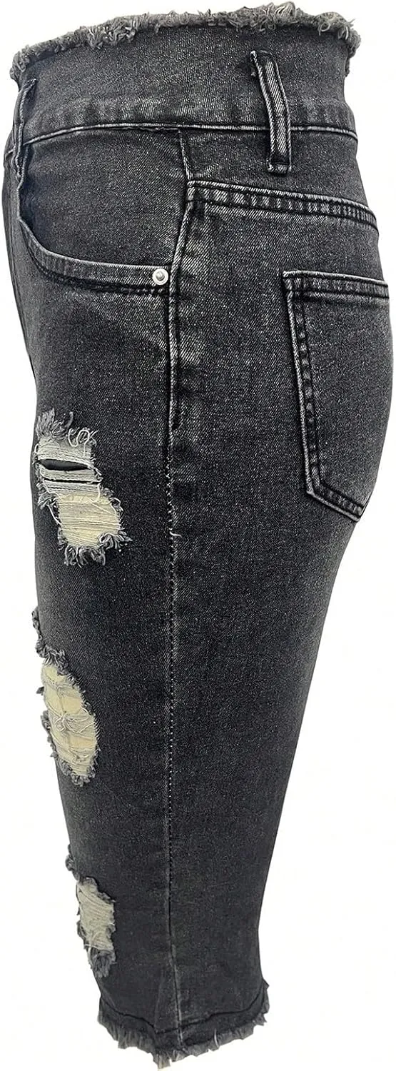 Jean Capris for Women Stretchy Ripped Skinny Jeans Trendy High Waisted Cropped Jeans Distressed Denim Capri Pants