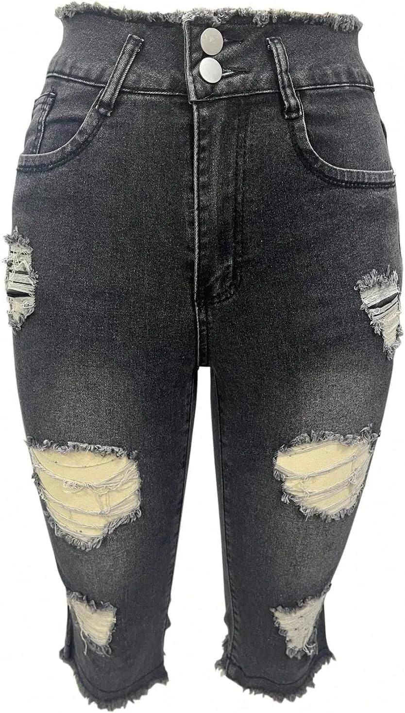Jean Capris for Women Stretchy Ripped Skinny Jeans Trendy High Waisted Cropped Jeans Distressed Denim Capri Pants