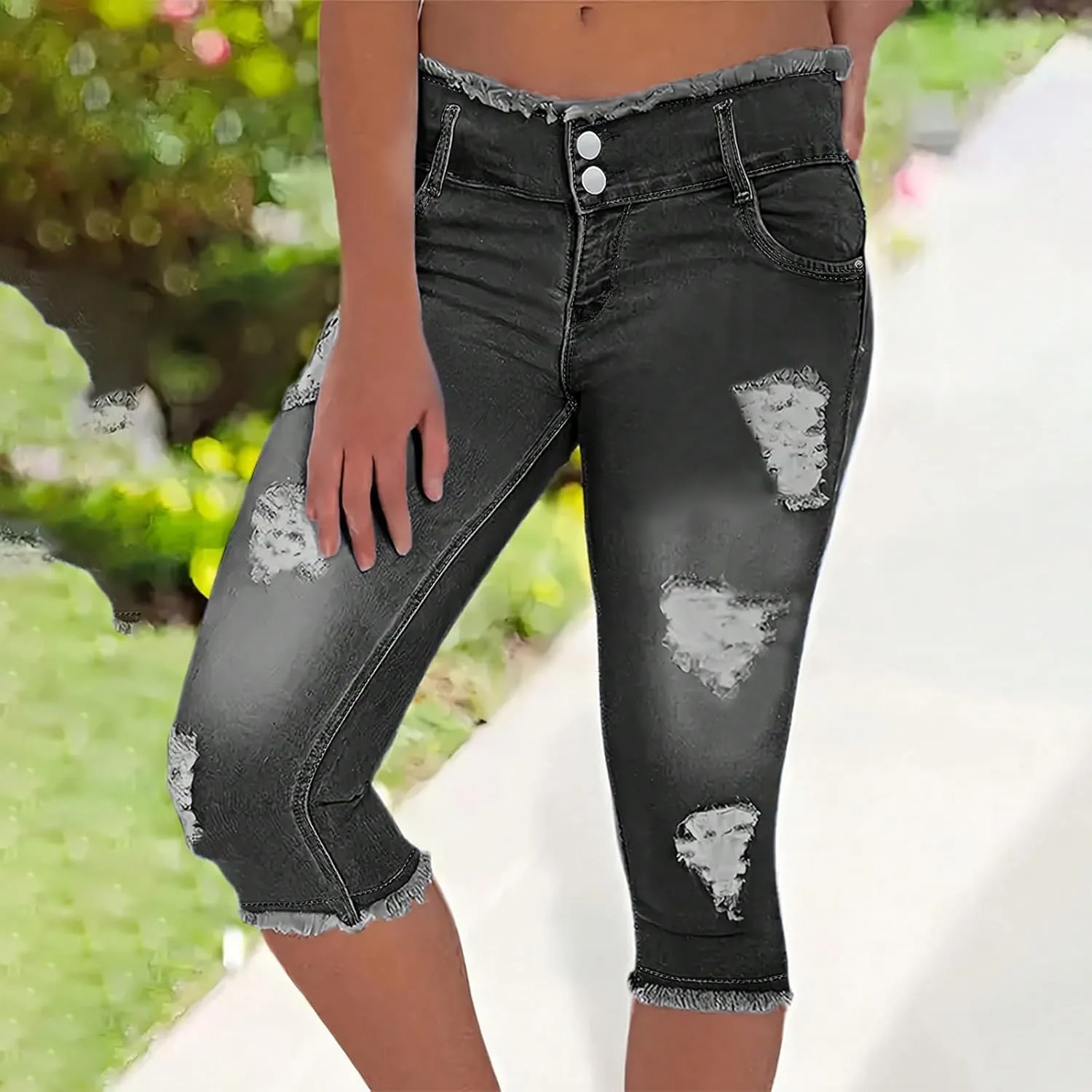 Jean Capris for Women Stretchy Ripped Skinny Jeans Trendy High Waisted Cropped Jeans Distressed Denim Capri Pants