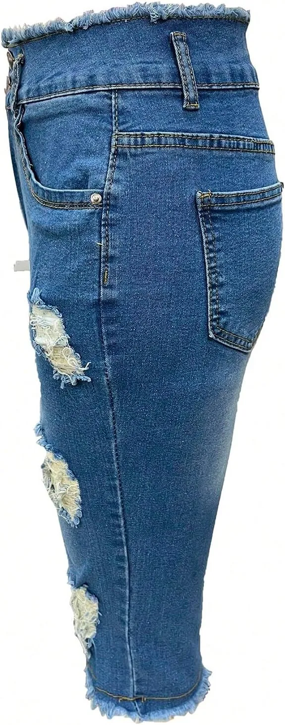 Jean Capris for Women Stretchy Ripped Skinny Jeans Trendy High Waisted Cropped Jeans Distressed Denim Capri Pants