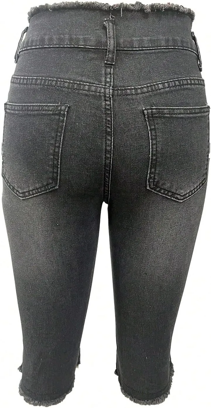 Jean Capris for Women Stretchy Ripped Skinny Jeans Trendy High Waisted Cropped Jeans Distressed Denim Capri Pants