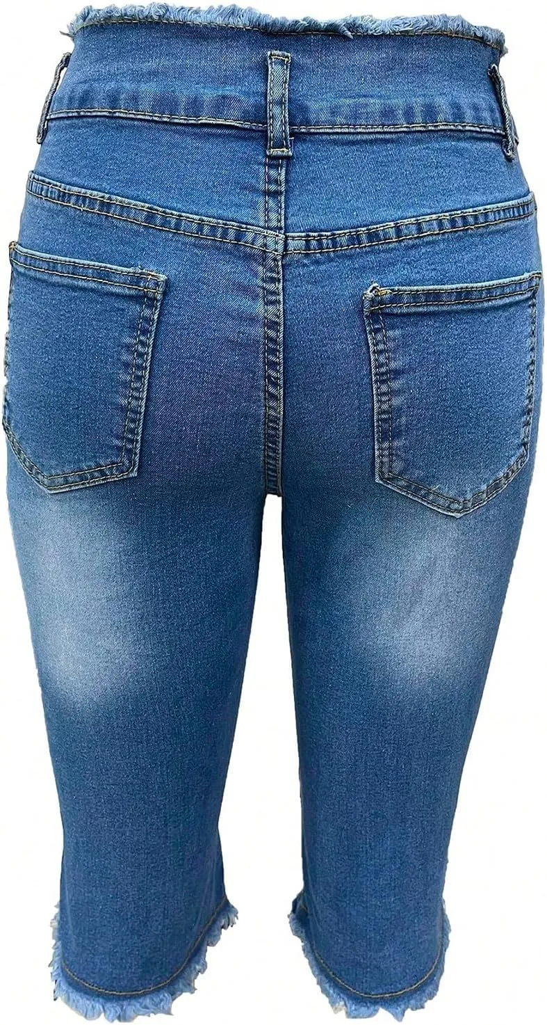 Jean Capris for Women Stretchy Ripped Skinny Jeans Trendy High Waisted Cropped Jeans Distressed Denim Capri Pants