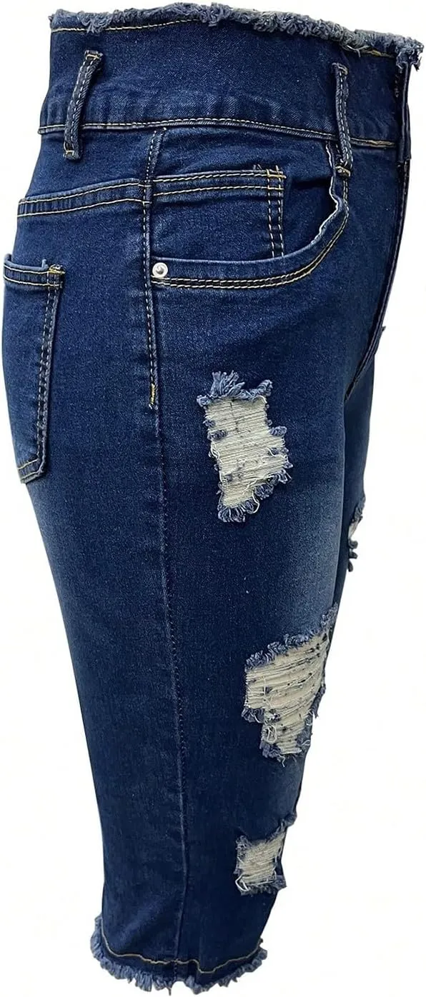 Jean Capris for Women Stretchy Ripped Skinny Jeans Trendy High Waisted Cropped Jeans Distressed Denim Capri Pants