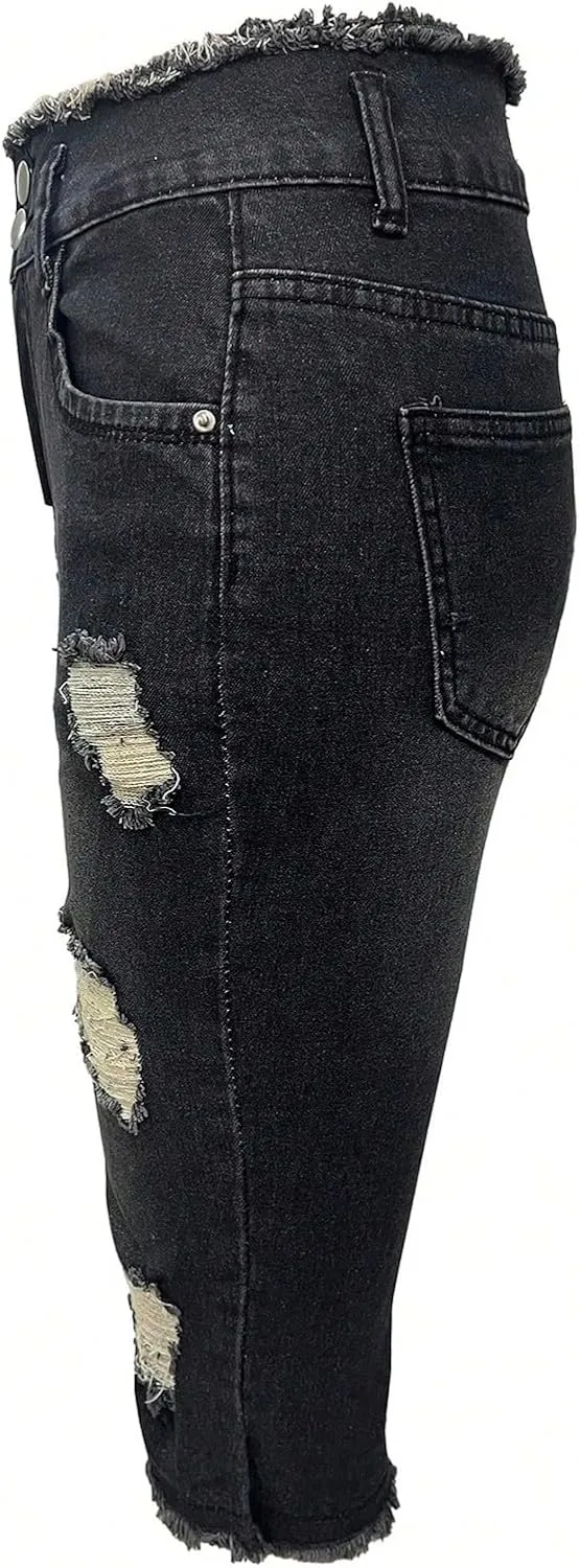Jean Capris for Women Stretchy Ripped Skinny Jeans Trendy High Waisted Cropped Jeans Distressed Denim Capri Pants
