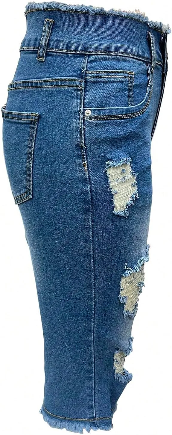Jean Capris for Women Stretchy Ripped Skinny Jeans Trendy High Waisted Cropped Jeans Distressed Denim Capri Pants
