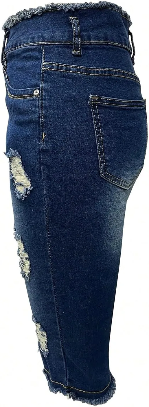 Jean Capris for Women Stretchy Ripped Skinny Jeans Trendy High Waisted Cropped Jeans Distressed Denim Capri Pants